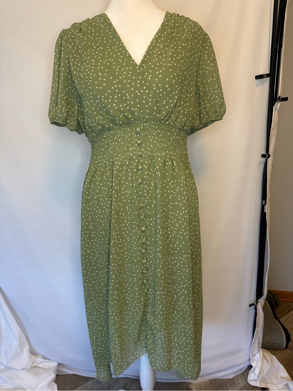 Olive Green V-Neck Smocked Waist Midi Dress, White Speckled Pattern, Asymmetric